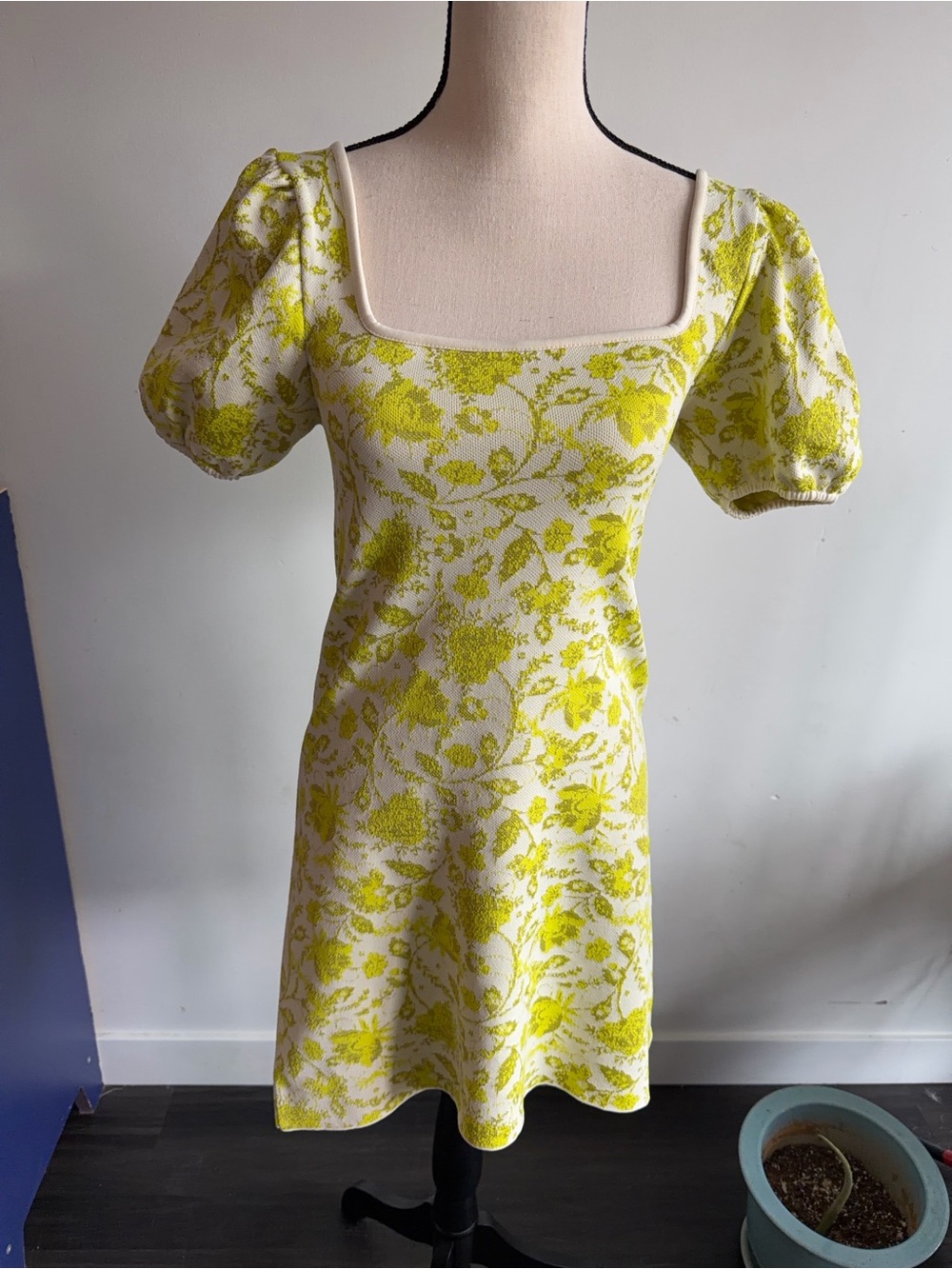 Zara Yellow Floral Square-Neck Puff Sleeve Midi Dress